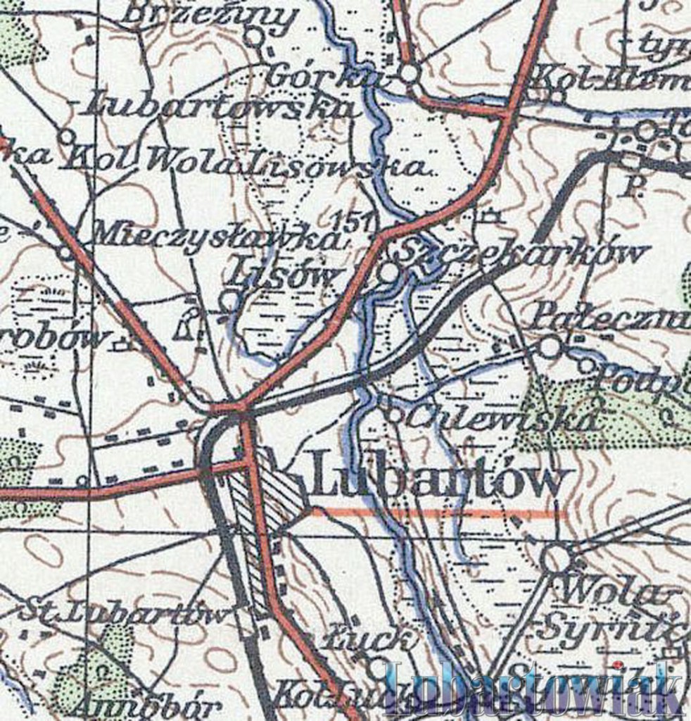 Mapa okolic Lubartowa z 1939, po likwidacji mostu w Górce
